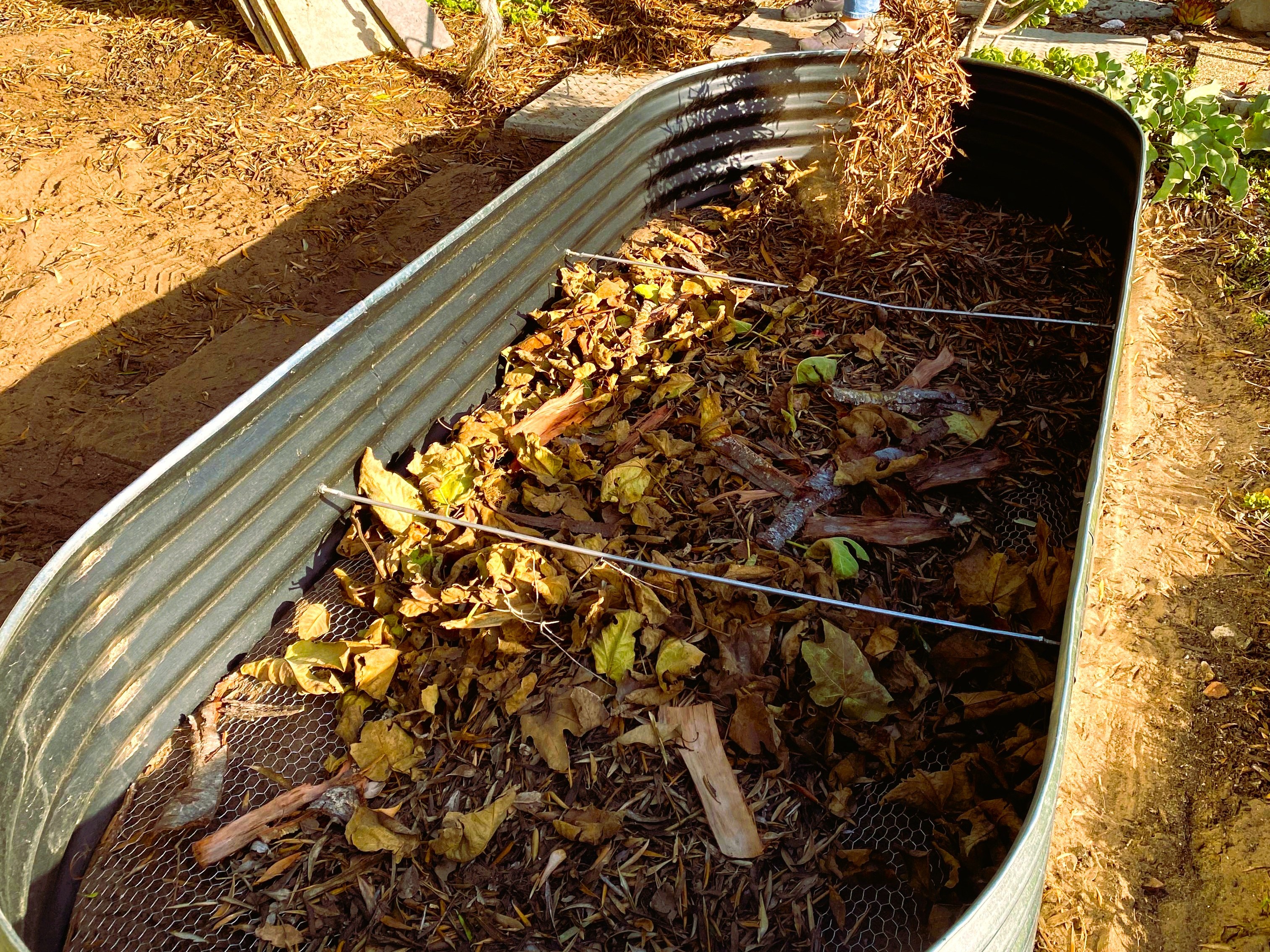 Bottom layer raised bed filled affordably with leaves and logs